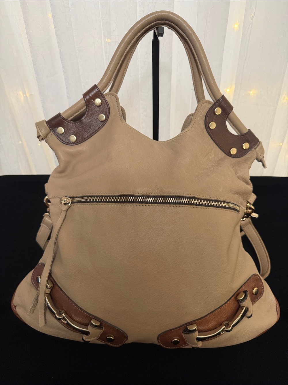 GG BOSS Tan and Brown Leather Shoulder Bag with Front and Back Zip Pocket